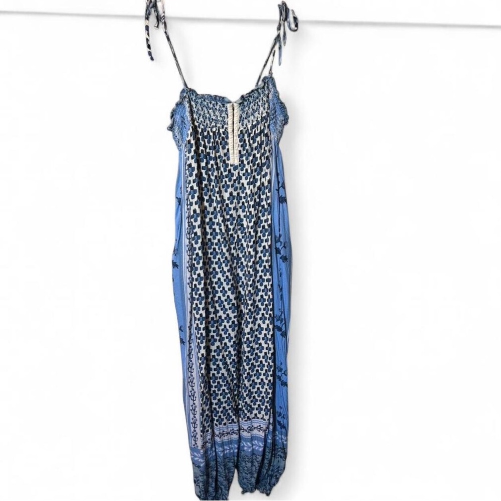Free People Rule The World Maxi Romper with Tie Straps Blue Patterned | XL